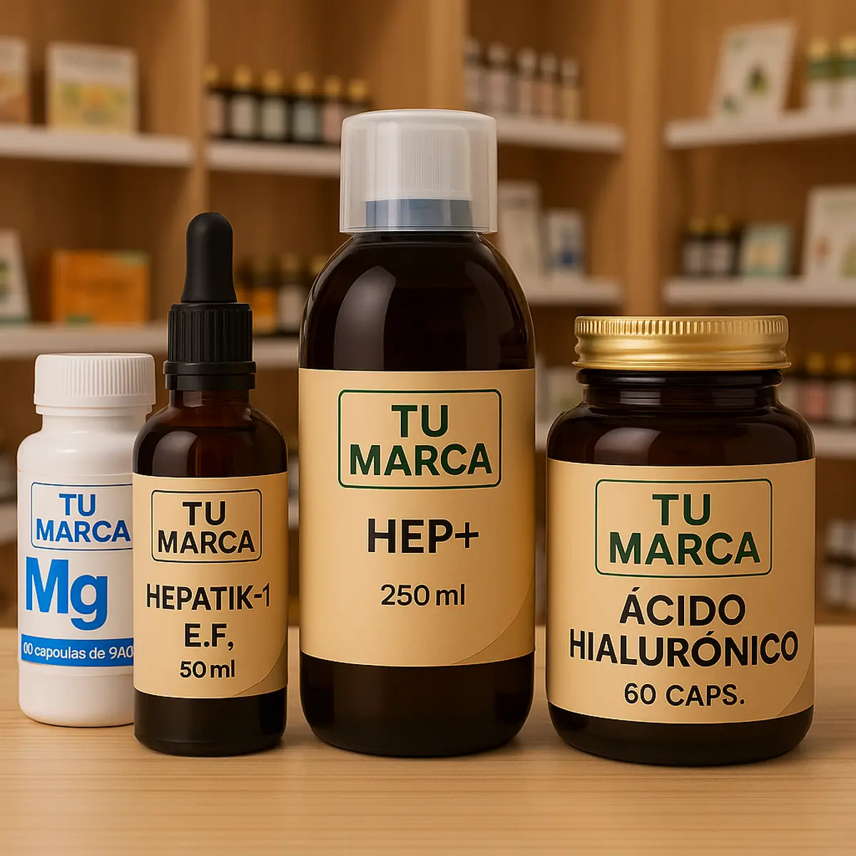 Suplementos con etiqueta Tu Marca en herbolario: magnesio, ácido hialurónico y extracto líquido con diseño profesional