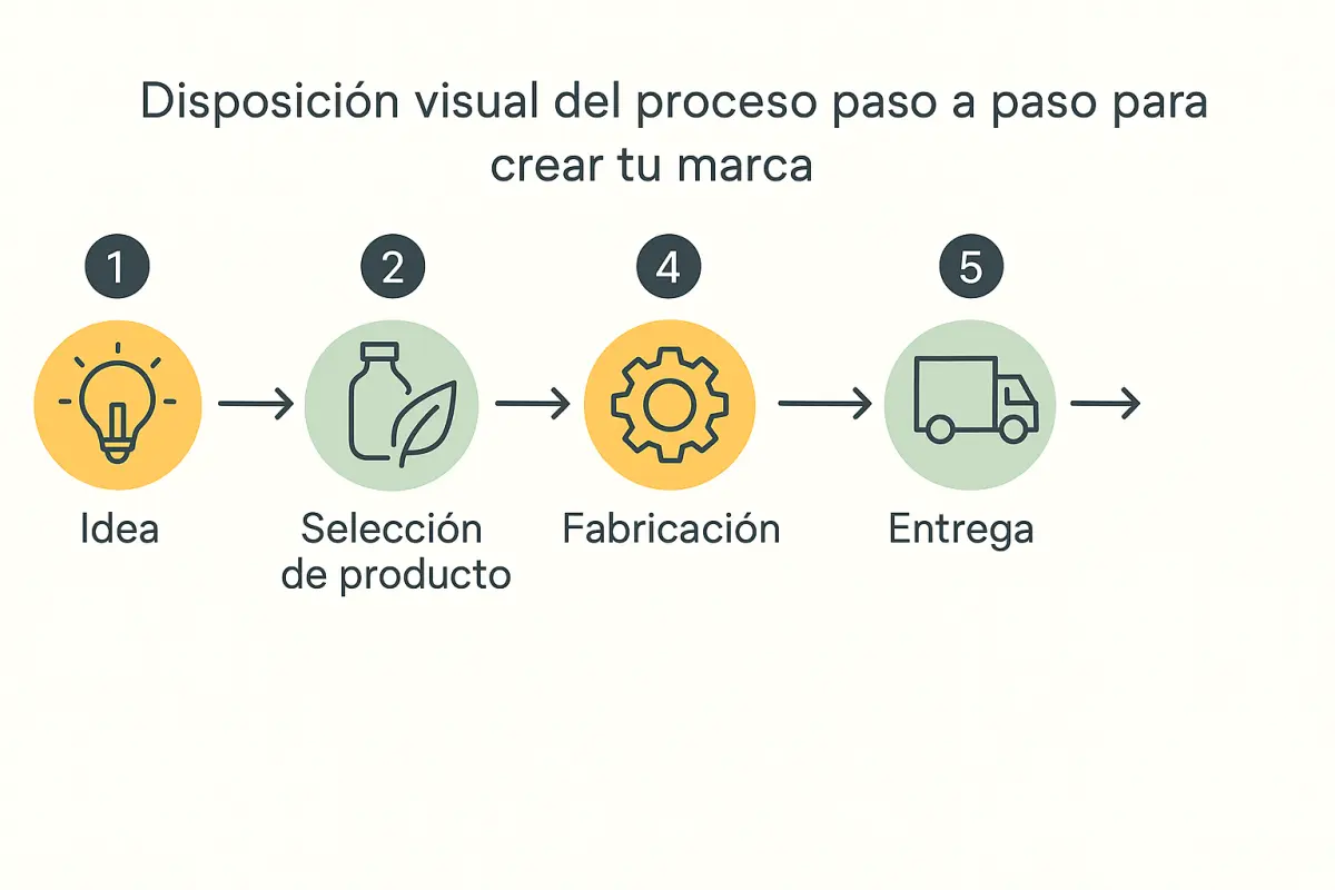 Infografía del proceso de marca blanca: idea, selección de producto, fabricación y entrega paso a paso