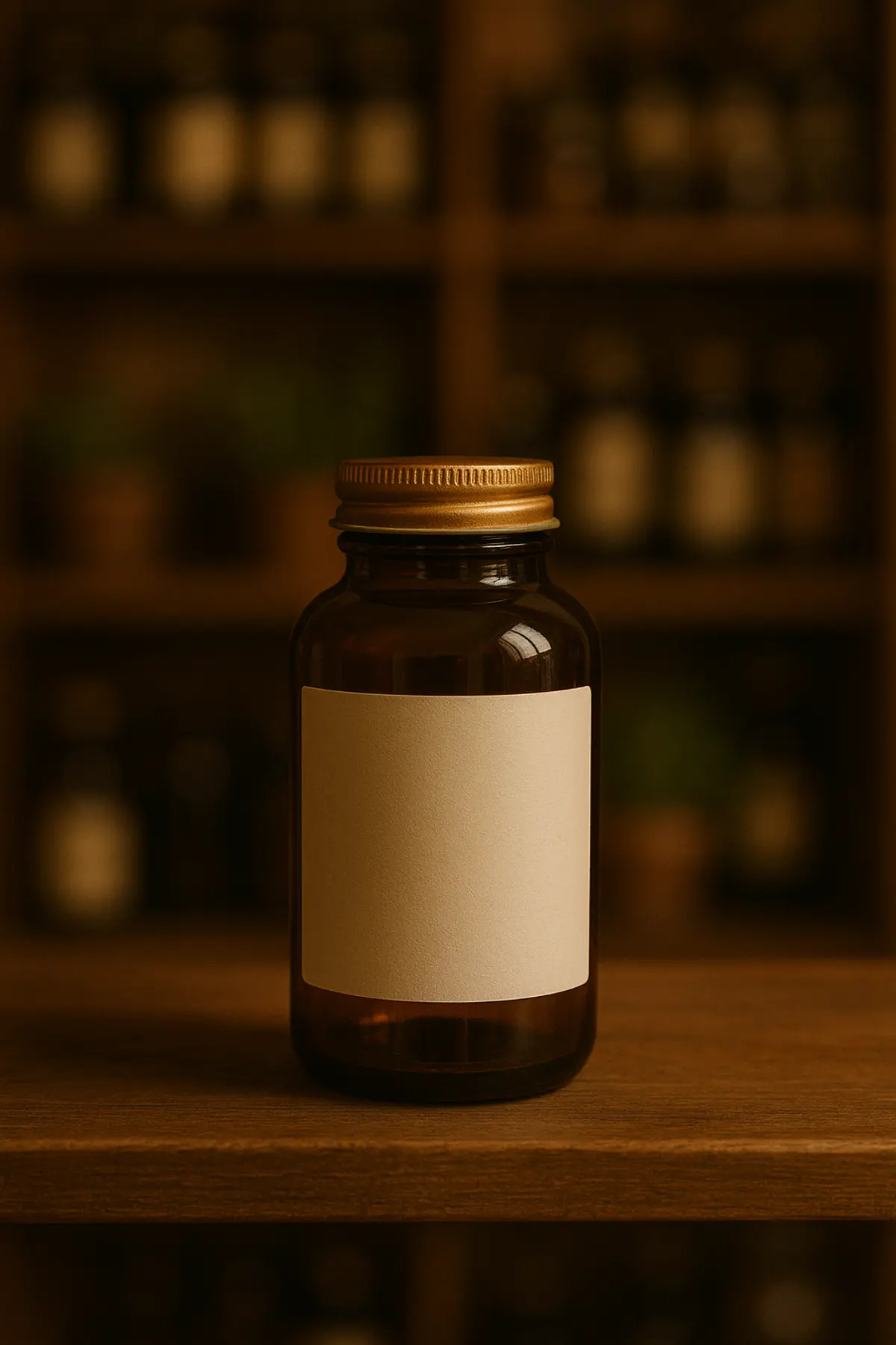 Frasco ámbar con etiqueta neutra en estantería de herbolario: exclusividad y diferenciación de marca propia