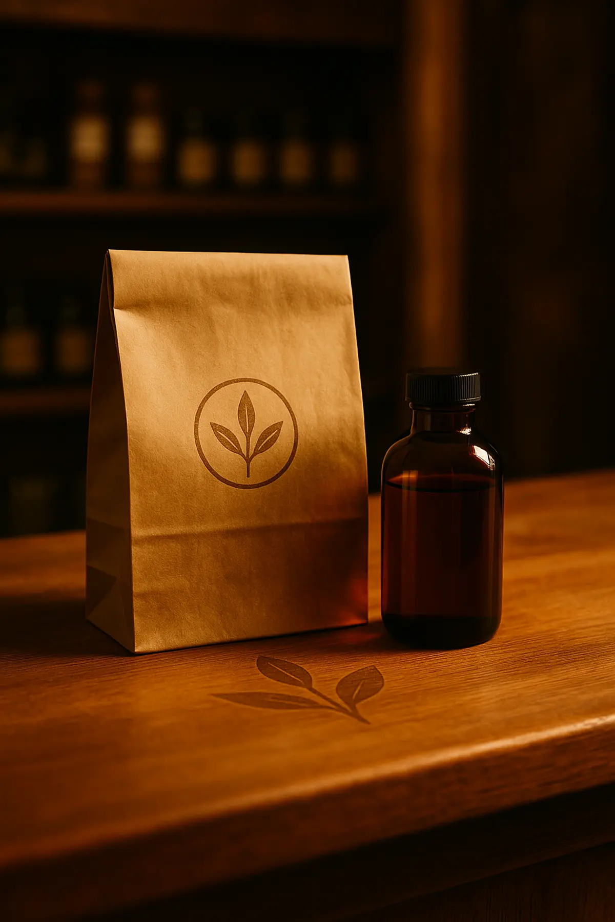 Bolsa kraft con logotipo natural junto a frasco ámbar: construir reputación con marca blanca de herbolario